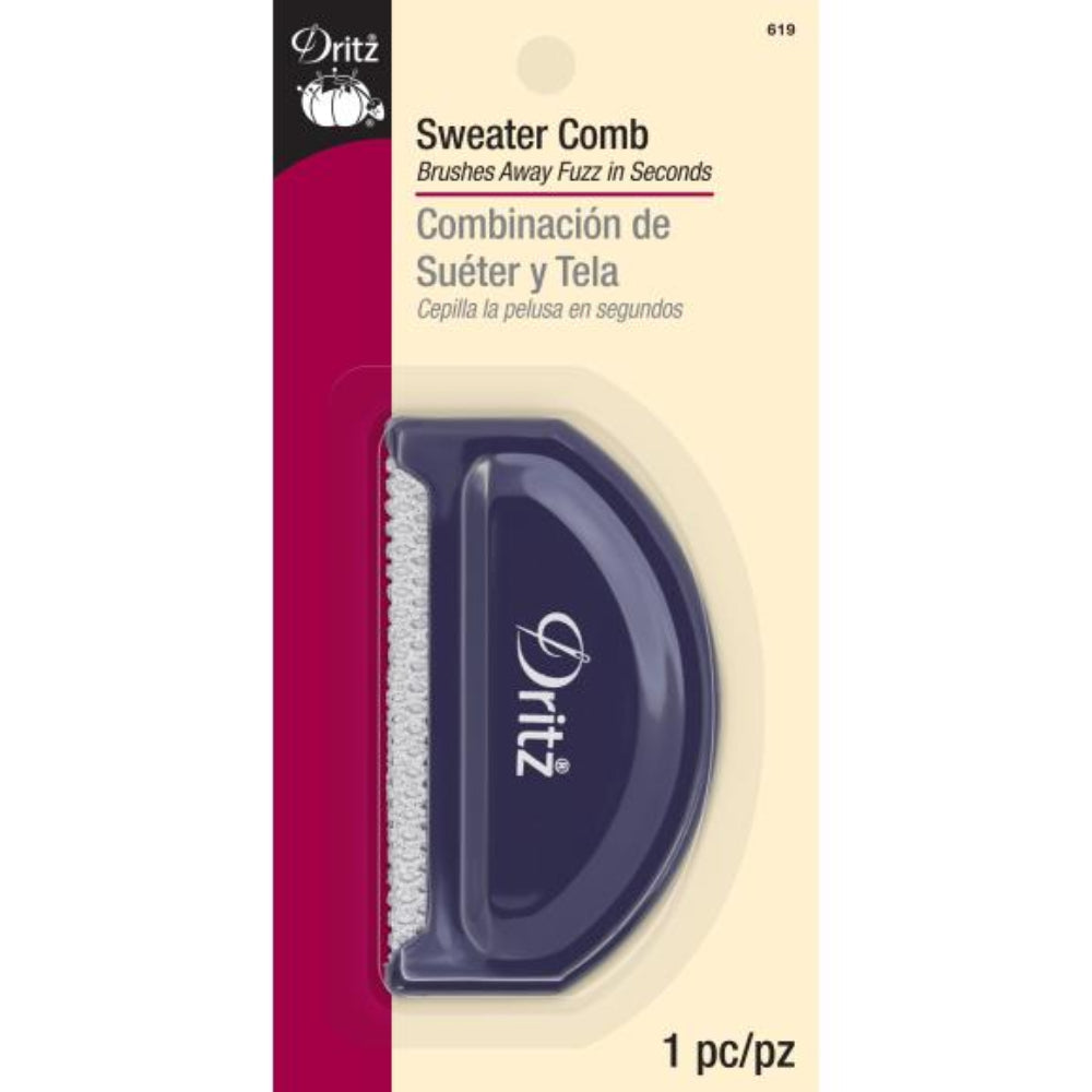 Dritz sweater comb packaging with comb visible on a white background