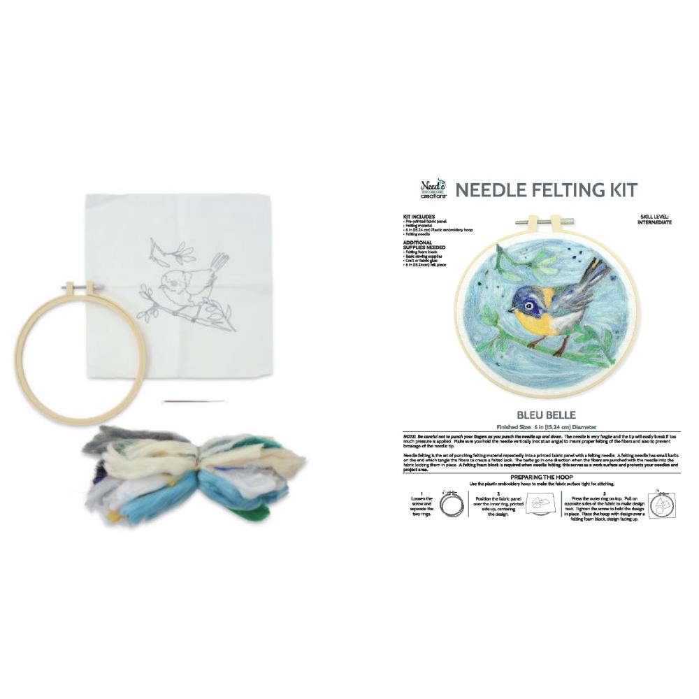 Needle felting kit with embroidery hoop, felt pieces, and printed instructions on a white background