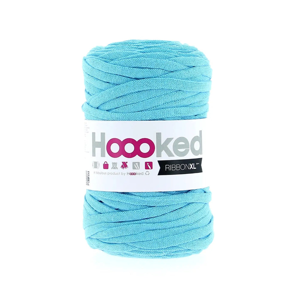 Light blue yarn ball with 'Hoooked' label on a white background