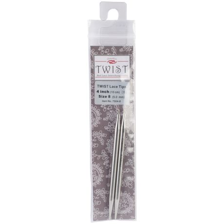 Packaged interchangeable knitting needle tips with branding on a white background
