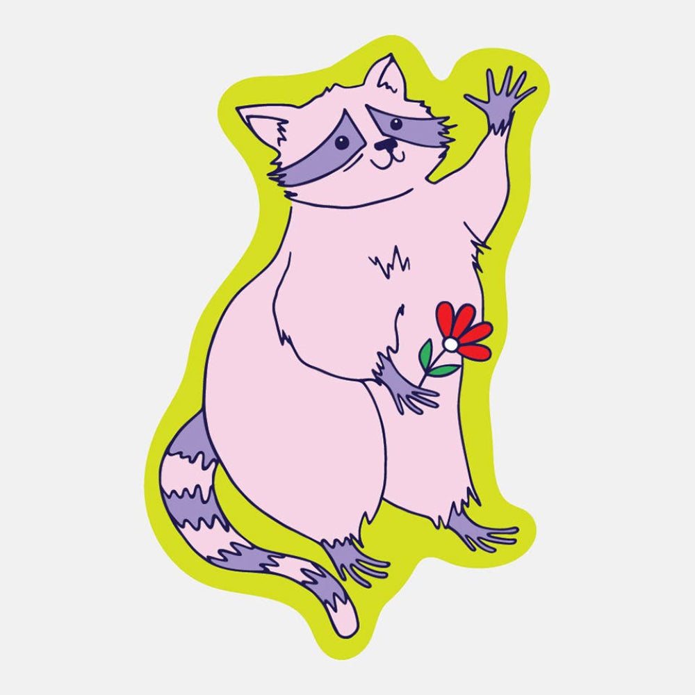 Cartoon raccoon holding a flower with a green border on a light purple background