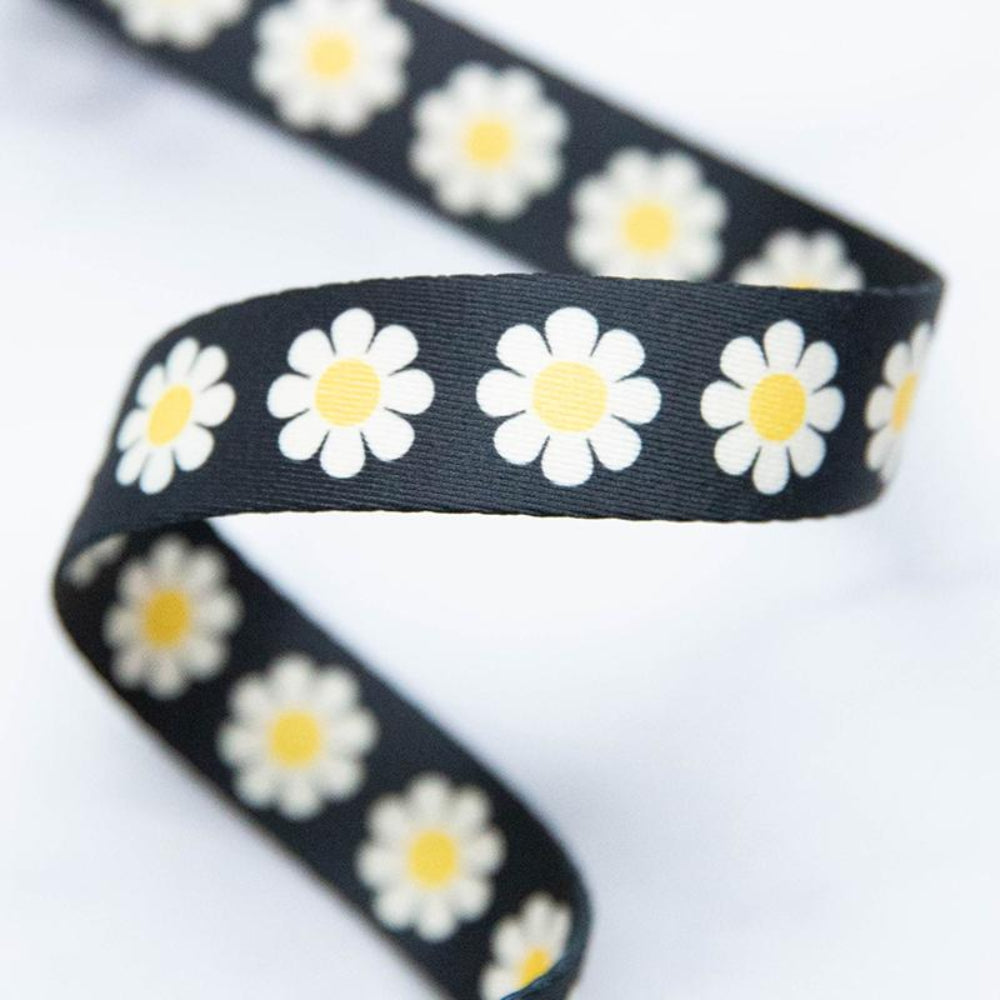 Black webbing with white daisy flowers on a white background