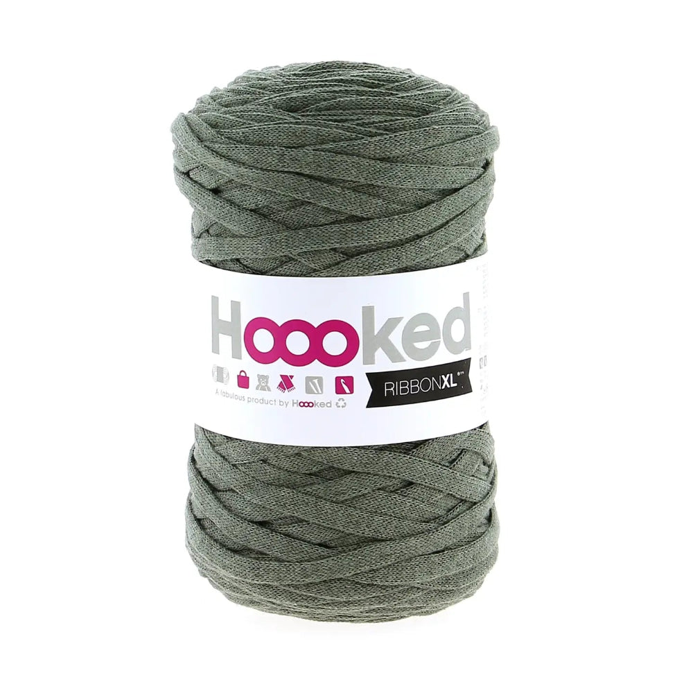Ball of green yarn with a 'Hoooked' label on a white background