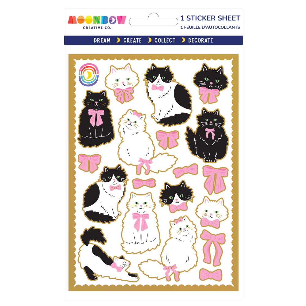 Sticker sheet with cat designs and pink bows on a white background