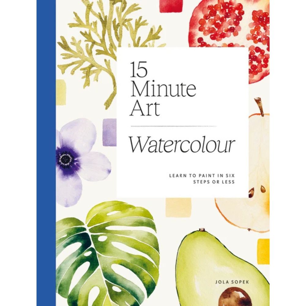 Book cover of '15 Minute Art Watercolour' with watercolor illustrations on a white background.