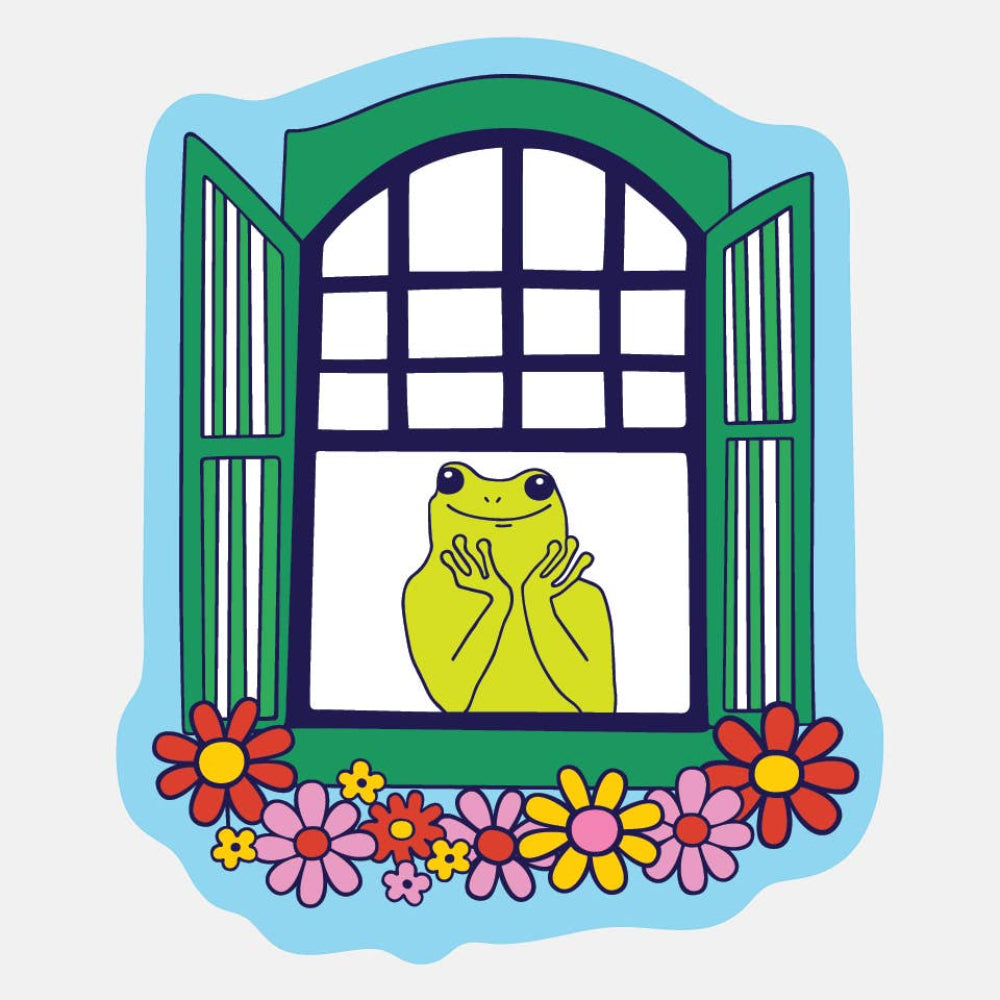 Illustration of a frog in a window with flowers around
