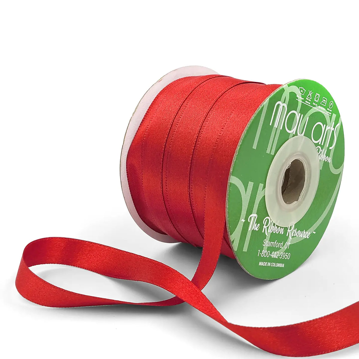 Red ribbon spool with visible brand name on a white background