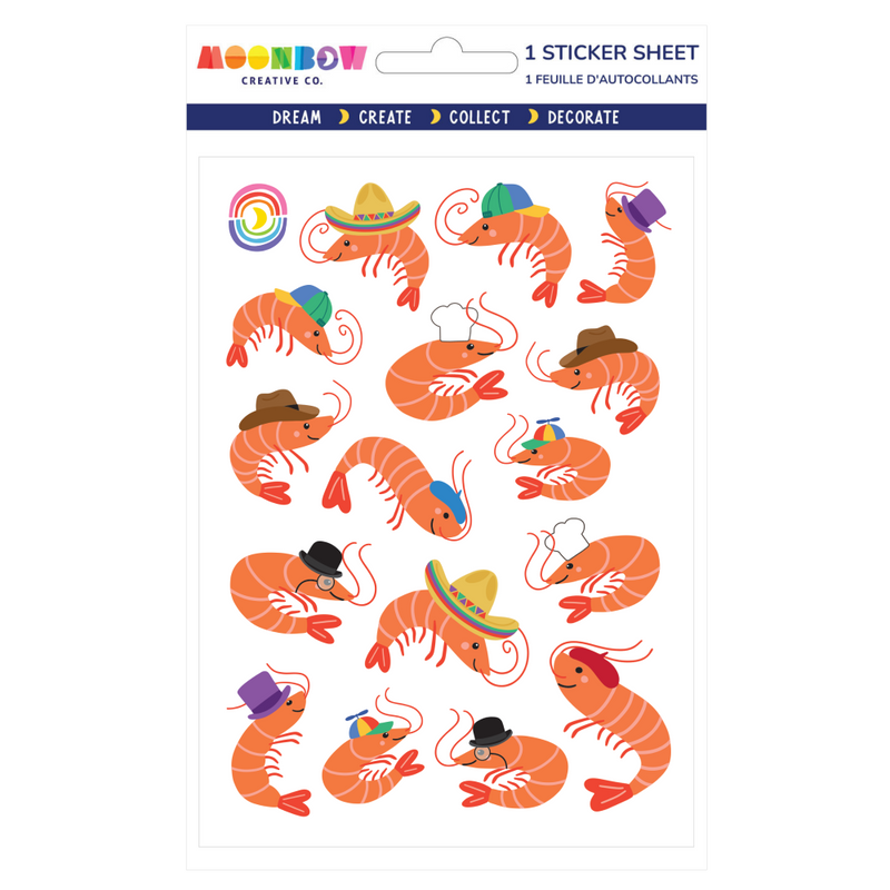 Sticker sheet with cartoon shrimp wearing hats on a white background