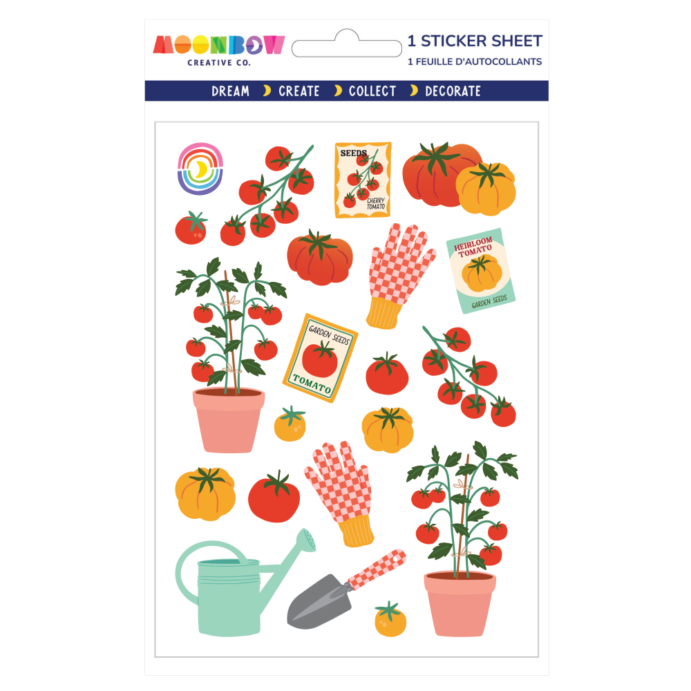 Sticker sheet with gardening-themed illustrations including tomatoes, plants, and gardening tools on a white background.