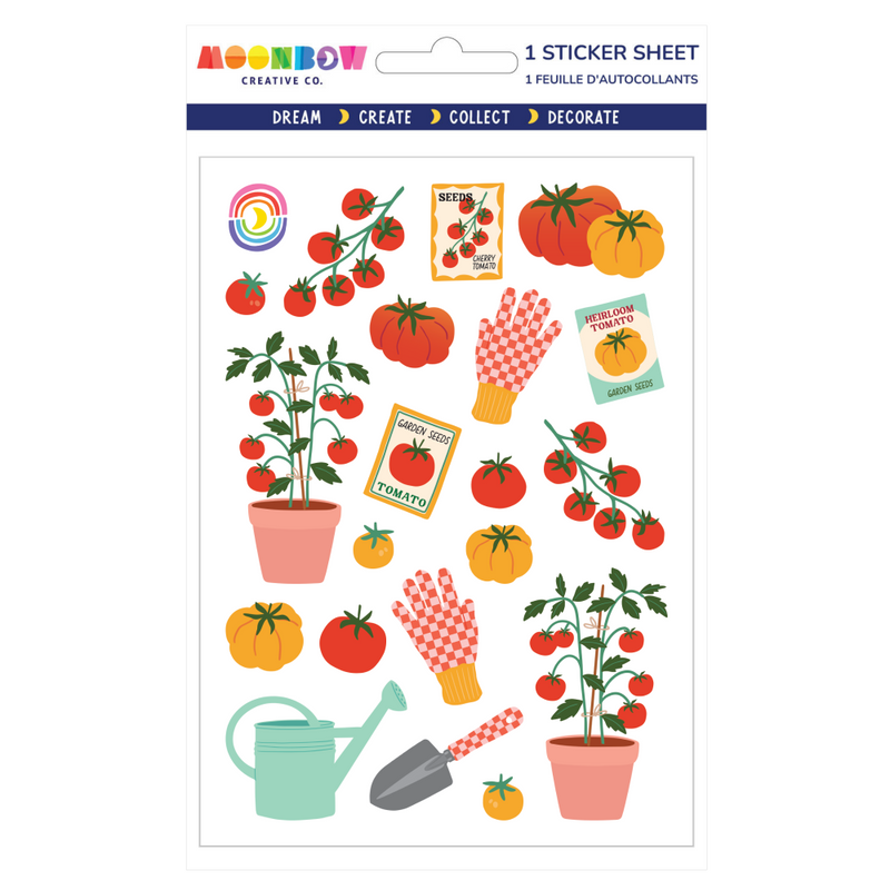 Sticker sheet with gardening-themed illustrations including tomatoes, plants, and gardening tools on a white background.