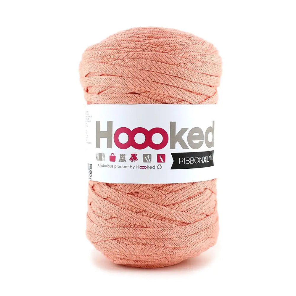 Ball of pink yarn with a Hoooked label on a white background