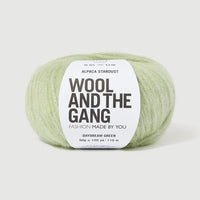 A ball of Wool and the Gang's Alpaca Stardust yarn in Daydream Green, featuring a white paper label with black text, set against a clean, light gray background.