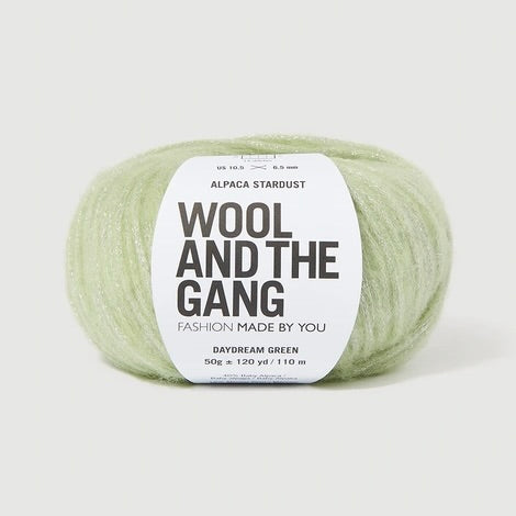 A ball of Wool and the Gang's Alpaca Stardust yarn in Daydream Green, featuring a white paper label with black text, set against a clean, light gray background.