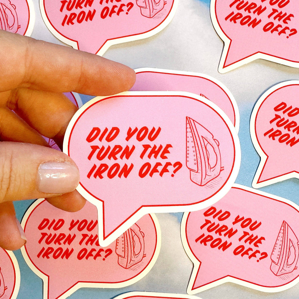 Stickers with 'Did you turn the iron off?' text and an iron icon on a blue background.
