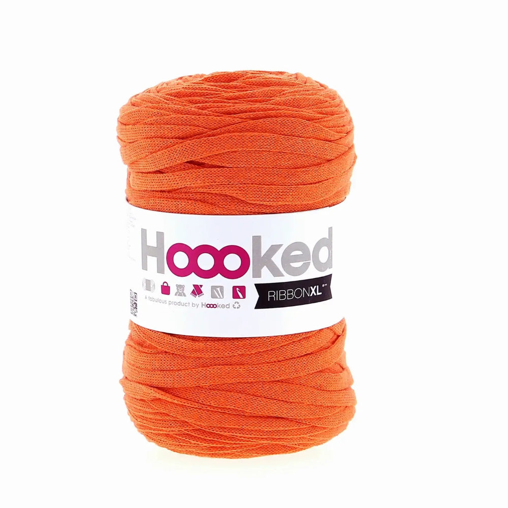 Orange yarn ball with 'Hooked' label on a white background