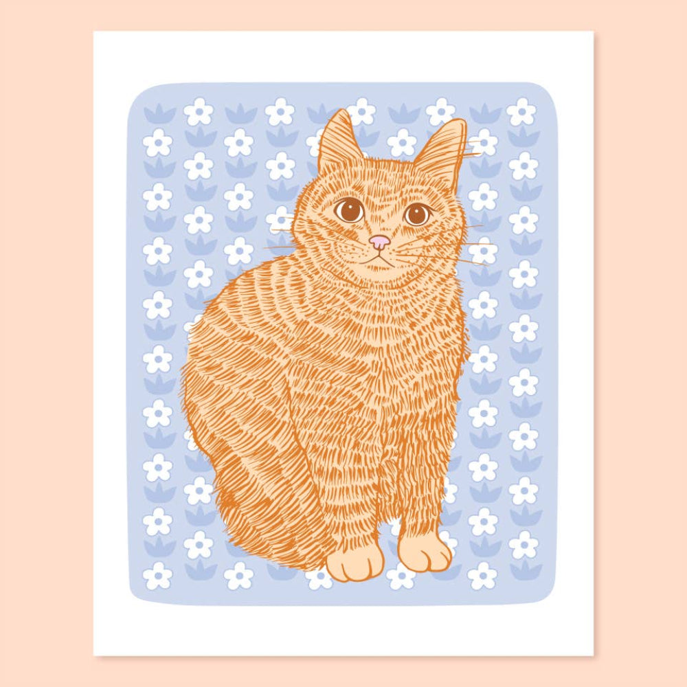Illustration of a cat on a blue background with white flowers