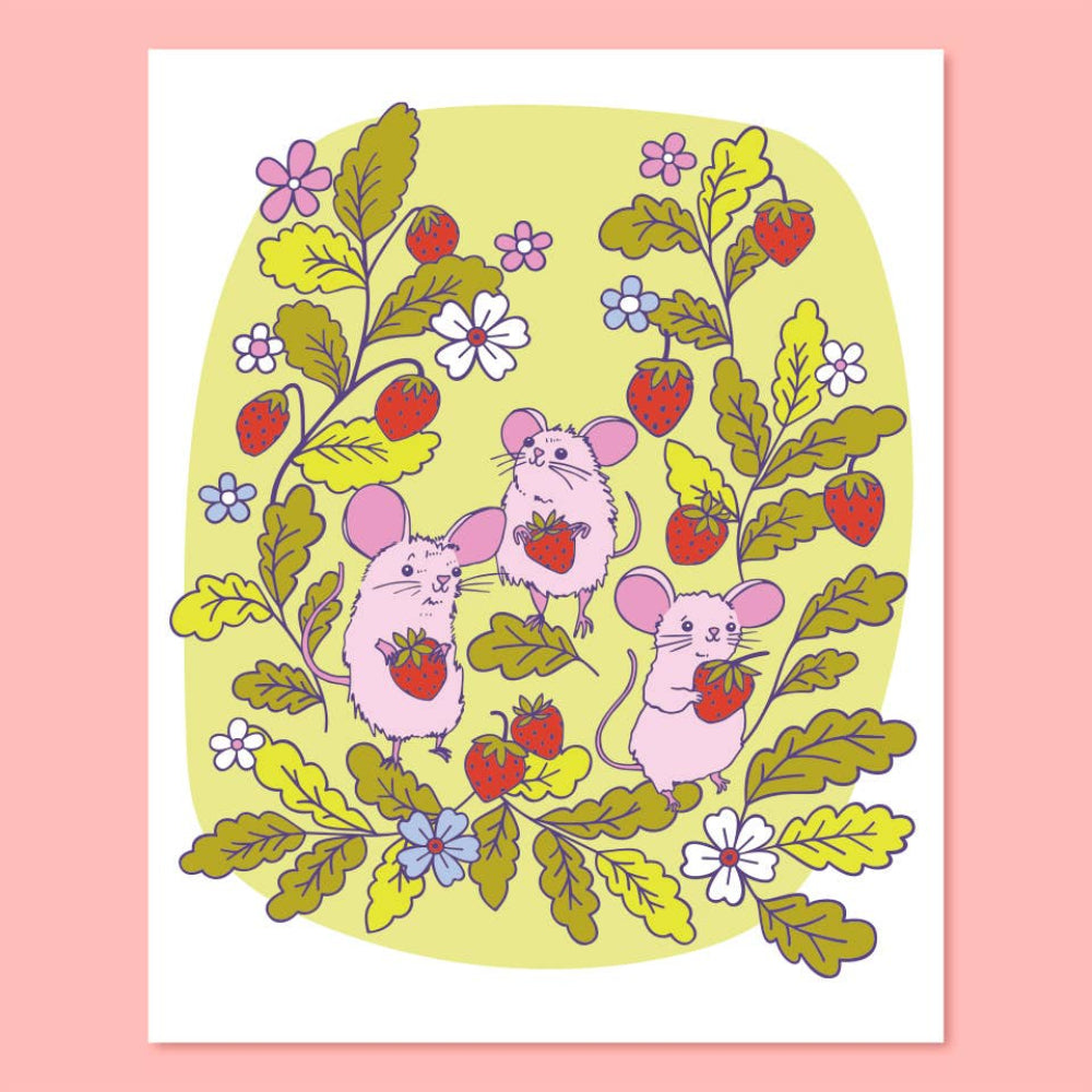 Illustration of three pink mice holding strawberries among green leaves and flowers on a yellow background.