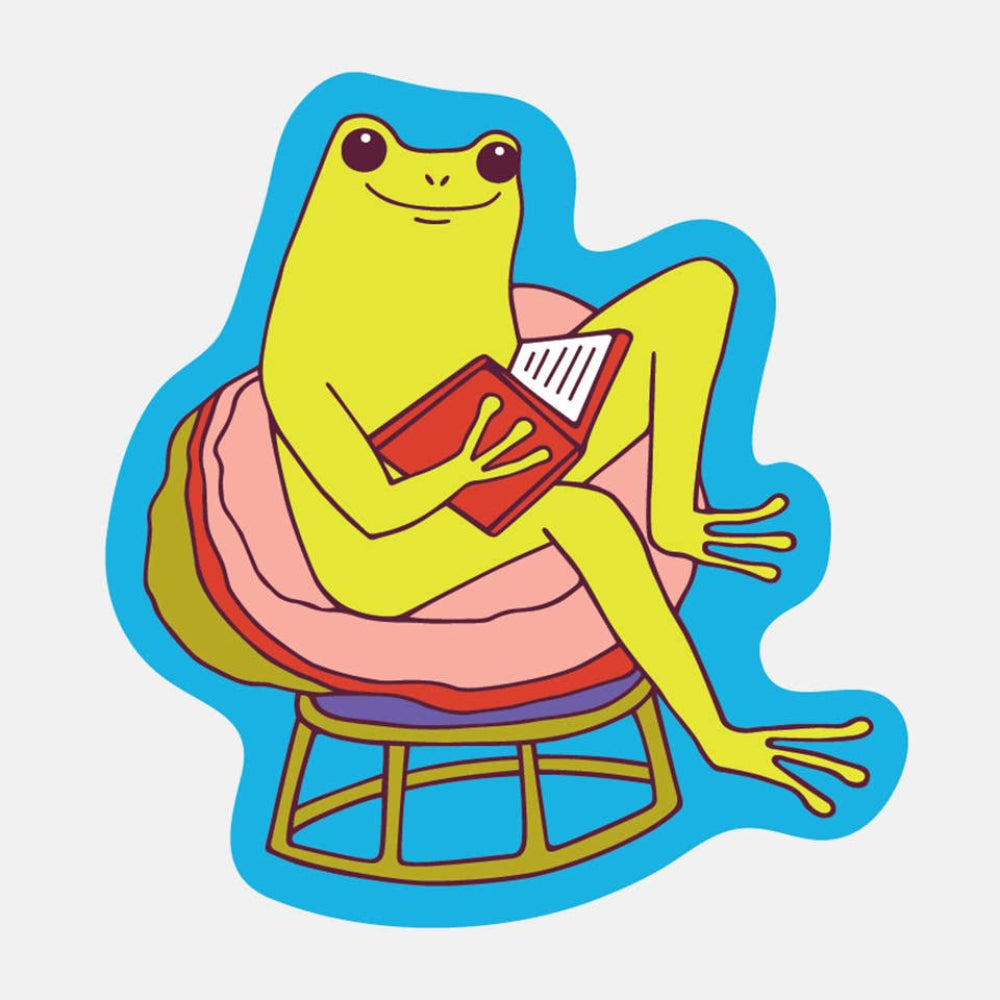 Colorful illustration of a frog sitting on a chair with a book