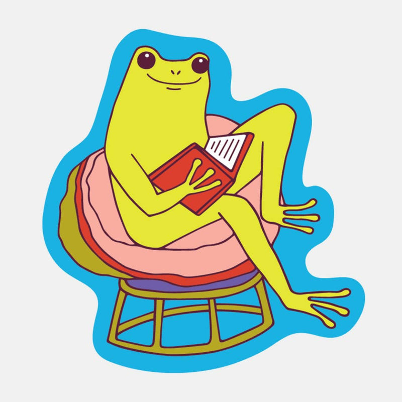 Colorful illustration of a frog sitting on a chair with a book
