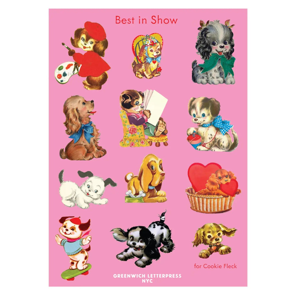 Sticker sheet with cartoon dogs on a pink background, featuring the text 'Best in Show' and 'Greenwich Letterpress NYC'.