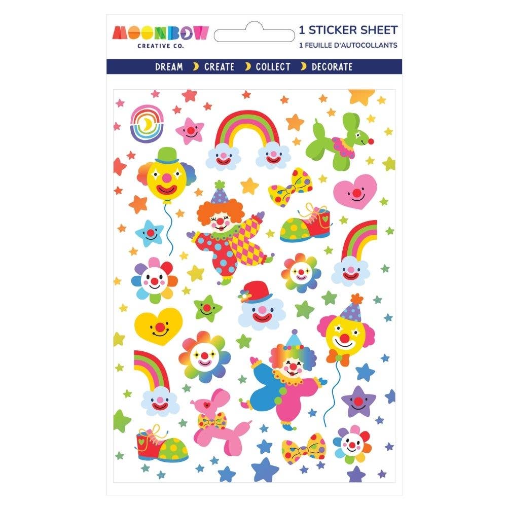 Sticker sheet with colorful clown and rainbow designs on a white background