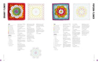 Page from a crochet pattern book showing granny flower and popcorn flower designs.