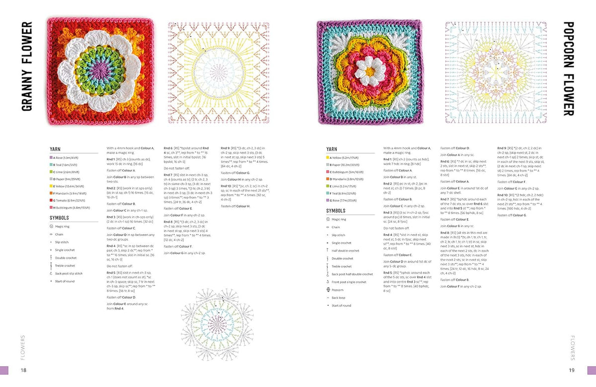 Page from a crochet pattern book showing granny flower and popcorn flower designs.