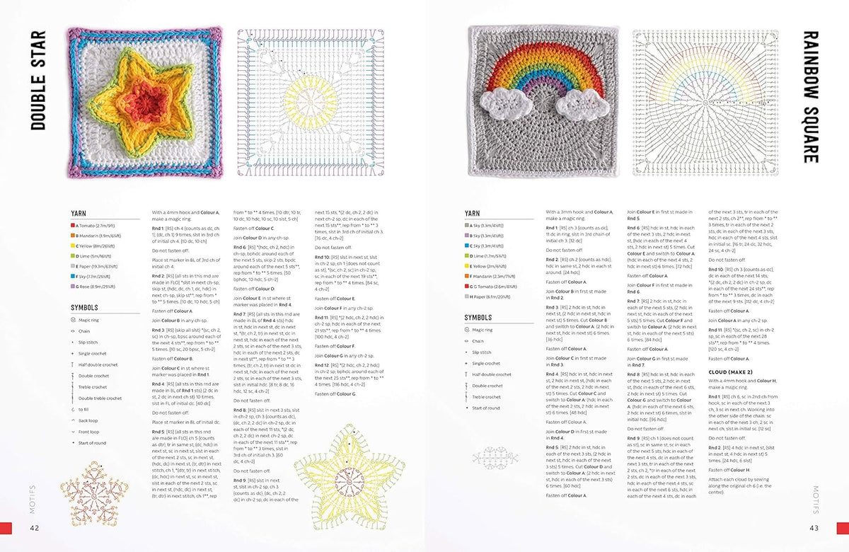 Page from a crochet pattern book with colorful star and rainbow designs.