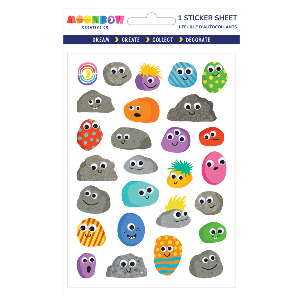 Sticker sheet with colorful stone-like characters on a white background