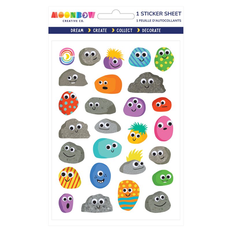Sticker sheet with colorful stone-like characters on a white background