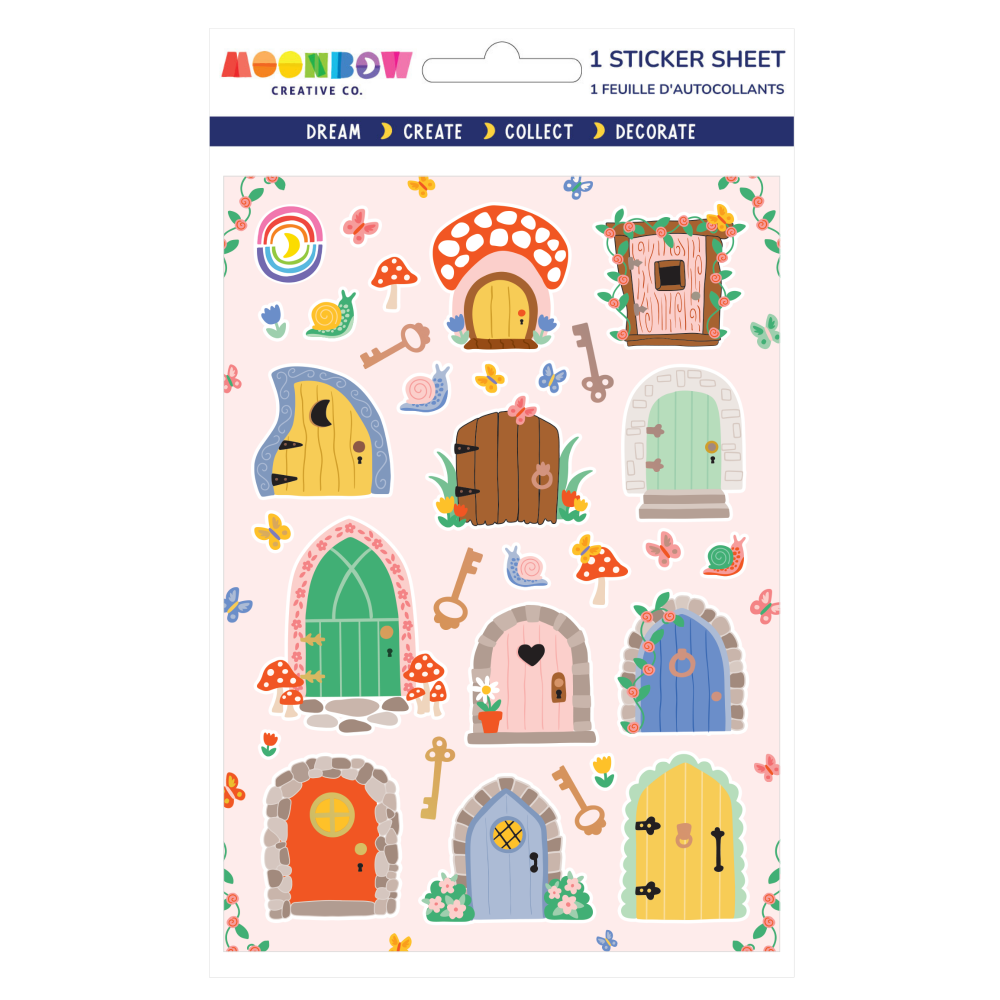 Sticker sheet with colorful fairy doors and related elements on a white background