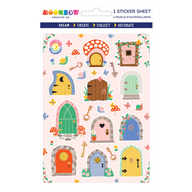 Sticker sheet with colorful fairy doors and related elements on a white background