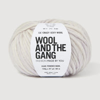 A skein of Lil' Crazy Sexy Wool by Wool and The Gang in Lilac Powder Marl, which is a variegated light purple and white colorway. 
