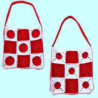 Two red and white crochet granny square tote bags featuring some squares with a tomato design on a light blue background.