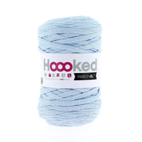 Light blue yarn ball with 'Hoooked' label on a white background