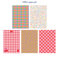 Set of colorful patterned vellum papers on a white background