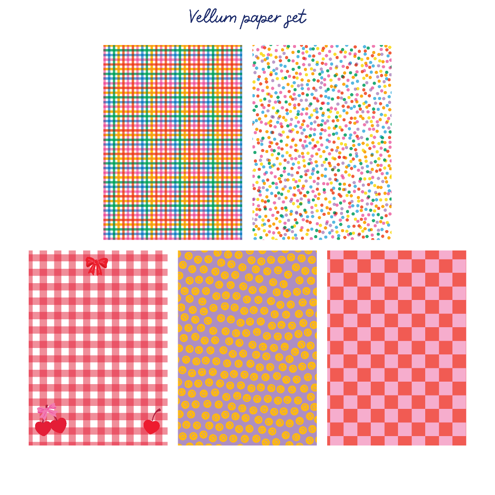 Set of colorful patterned vellum papers on a white background