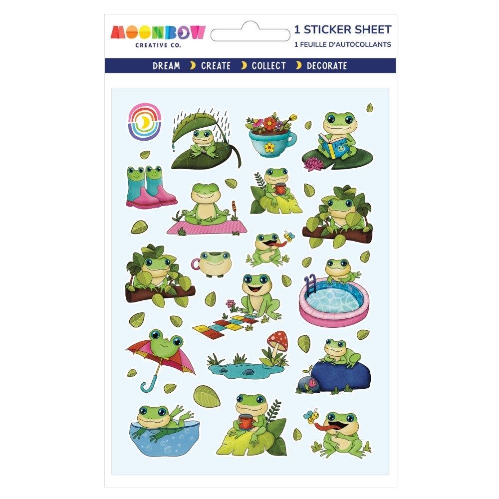 Sticker sheet with cartoon frogs and related items on a white background