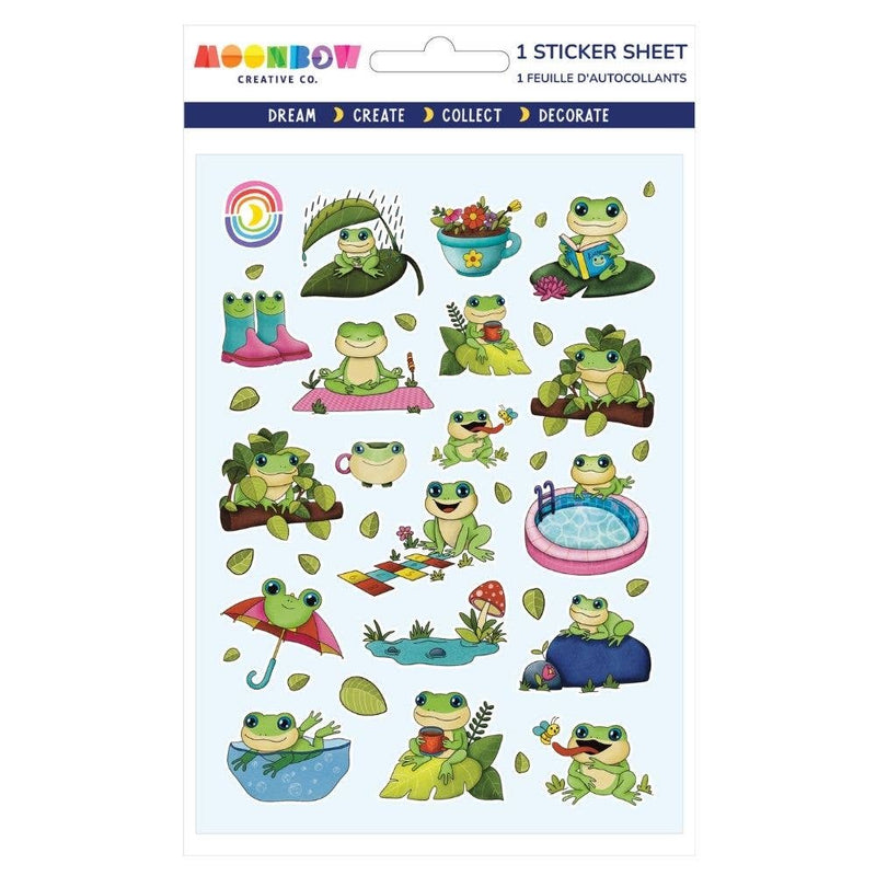 Sticker sheet with cartoon frogs and related items on a white background