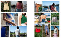 Collage of people wearing various knitted outfits by a lake.