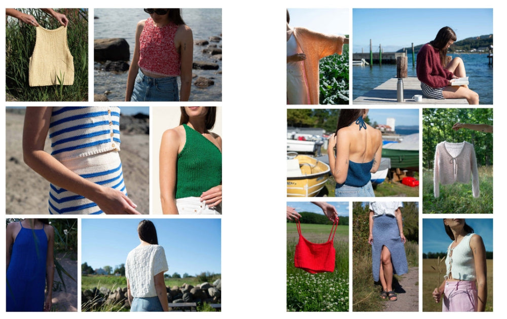 Collage of people wearing various knitted outfits by a lake.