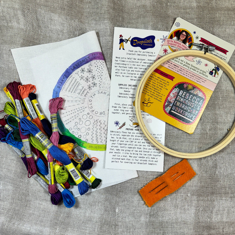 Embroidery kit with threads, hoop, pattern, and instructions on a textured surface