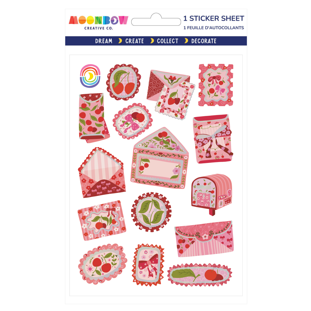 Sticker sheet with various cherry and envelope designs on a white background, featuring the Moonbow Creative Co. brand.