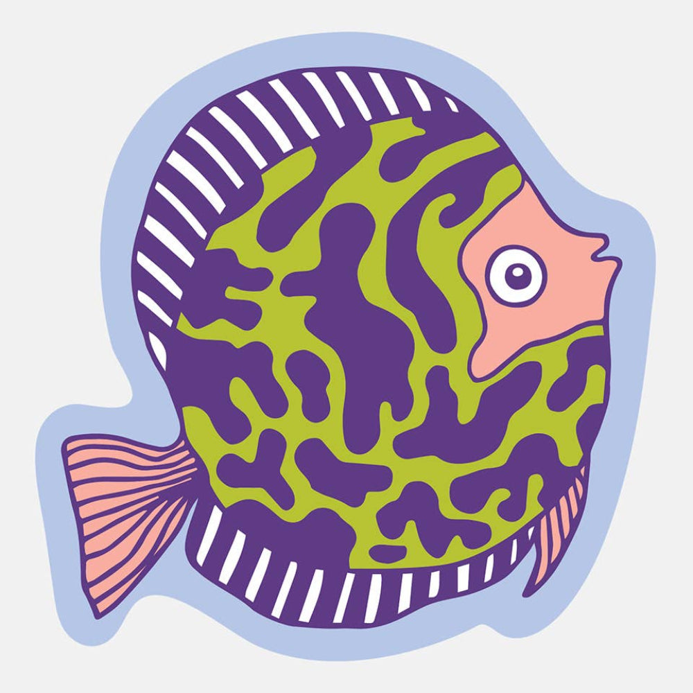 Colorful fish illustration with green and purple pattern on a light blue background