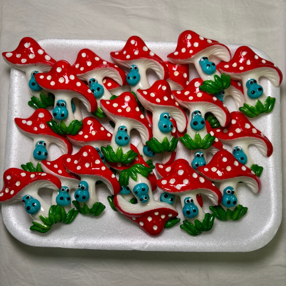 White tray of mushroom magnets. Each magnet has a red top with white dots, a white stem, and a little blue bug at the base.