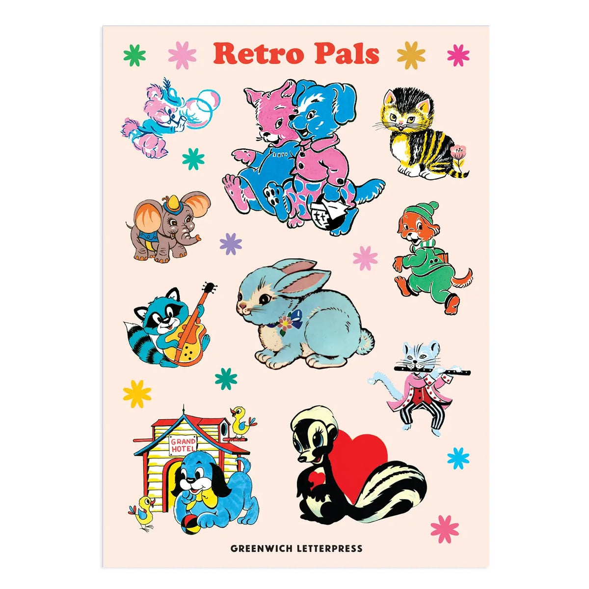 Sheet of retro-style animal stickers with colorful design on a light pink background, featuring the brand 'Greenwich Letterpress'.