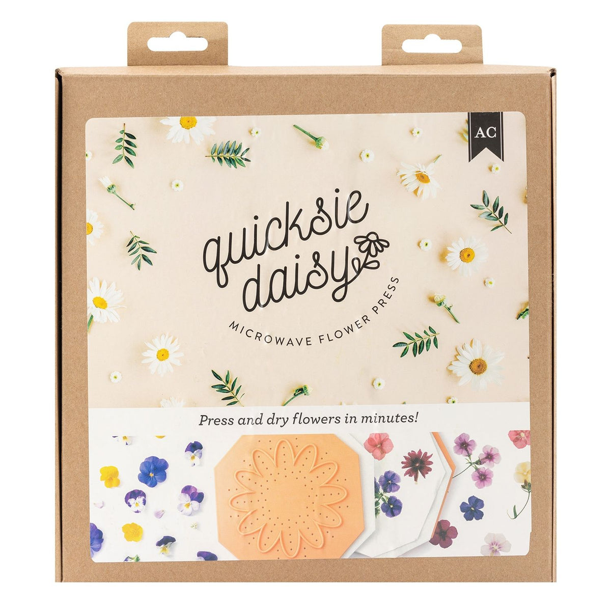 Quicksie Daisy microwave flower press packaging with floral design and text.
