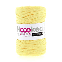 Yellow yarn skein with 'Hoooked' label on a white background