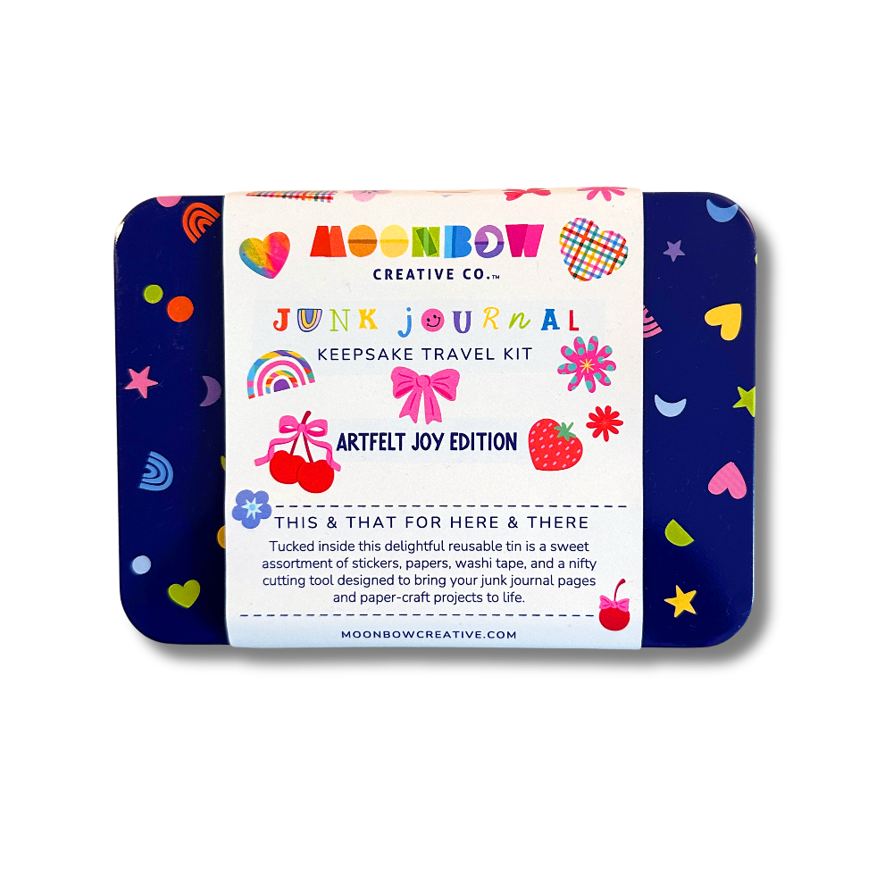 Junk journal keepsake travel kit with colorful design on a white background