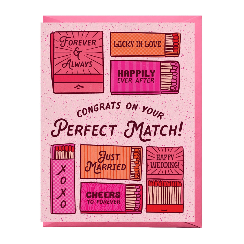 Card with matchbox designs and wedding-themed text on a pink background